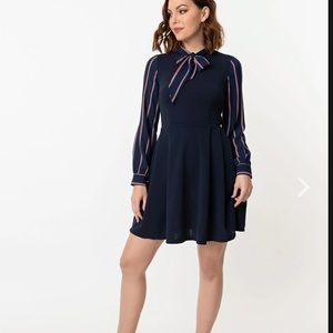 Smak Parlour Navy & Red Stripe Crepe Sleeve She.E.O. Fit & Flare Dress